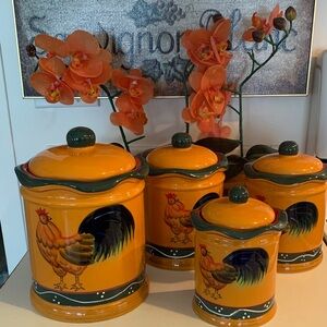 (4) piece Country Rooster Burnt Orange With  Dark Green Accent Canister Set